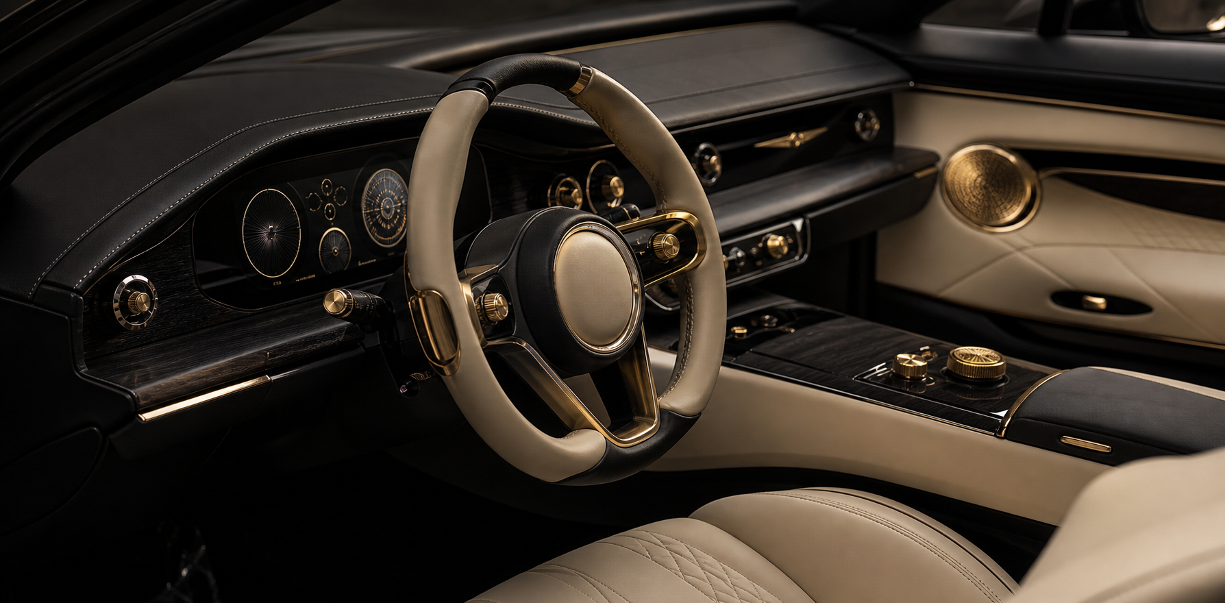 Bespoke ivory, black and gold luxury car interior